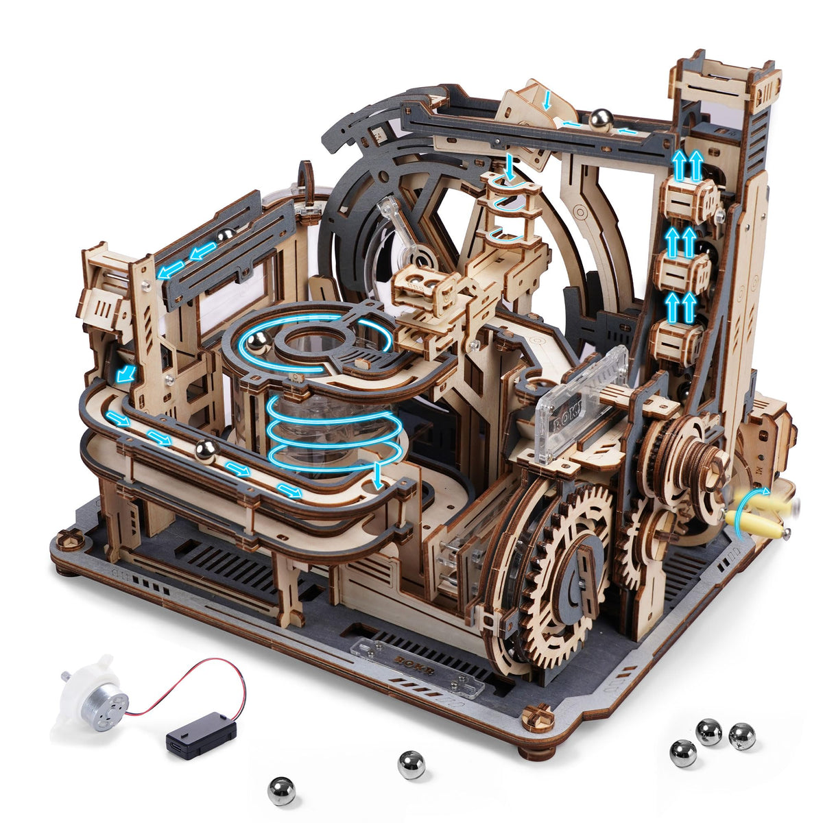 ROBOTIME Motorized Wooden Puzzles for Adults - 3D Puzzles for Adults LGC01 Marble Spaceport - Wooden Marble Run Model to Build - Space/STEM/Engineering Gift