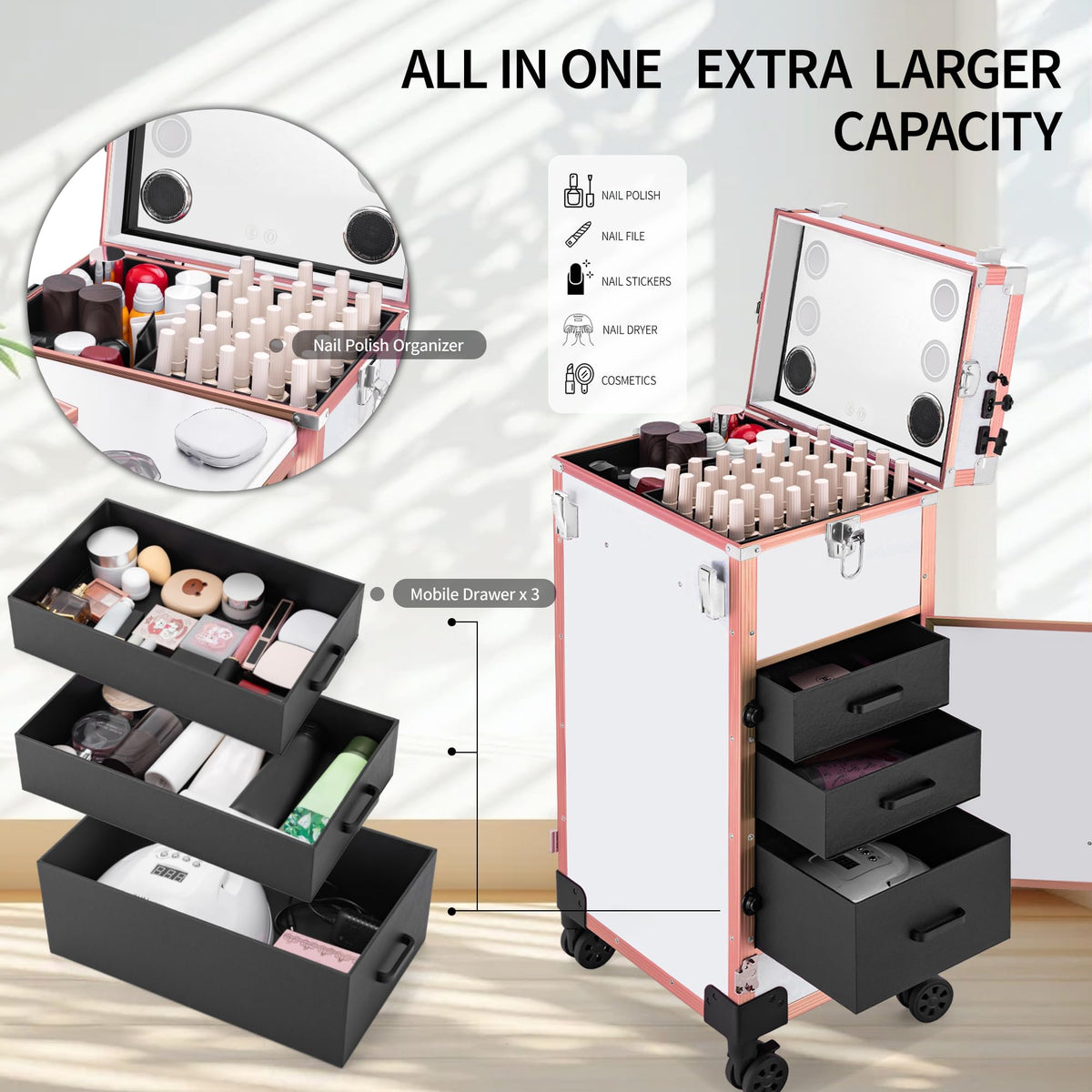 ZhenGuiRu Portable Manicure Table 3 Drawers, Rolling Lockable Makeup Train Case with Blueteeth Speaker and Nail Polish Organizer, Foldable Nail Desk with Mirror & TSA Lock for Nail Tech and Salon Use