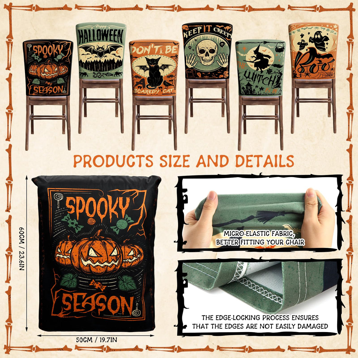 Moukeren 6 Pcs Halloween Chair Cover Set Gothic Halloween Decor Stretch Dining Chair Back Covers Witch Skeleton Pumpkin Black Cat Bat Seat Covers Farmhouse Dining Seat Protector for Home Kitchen Decor
