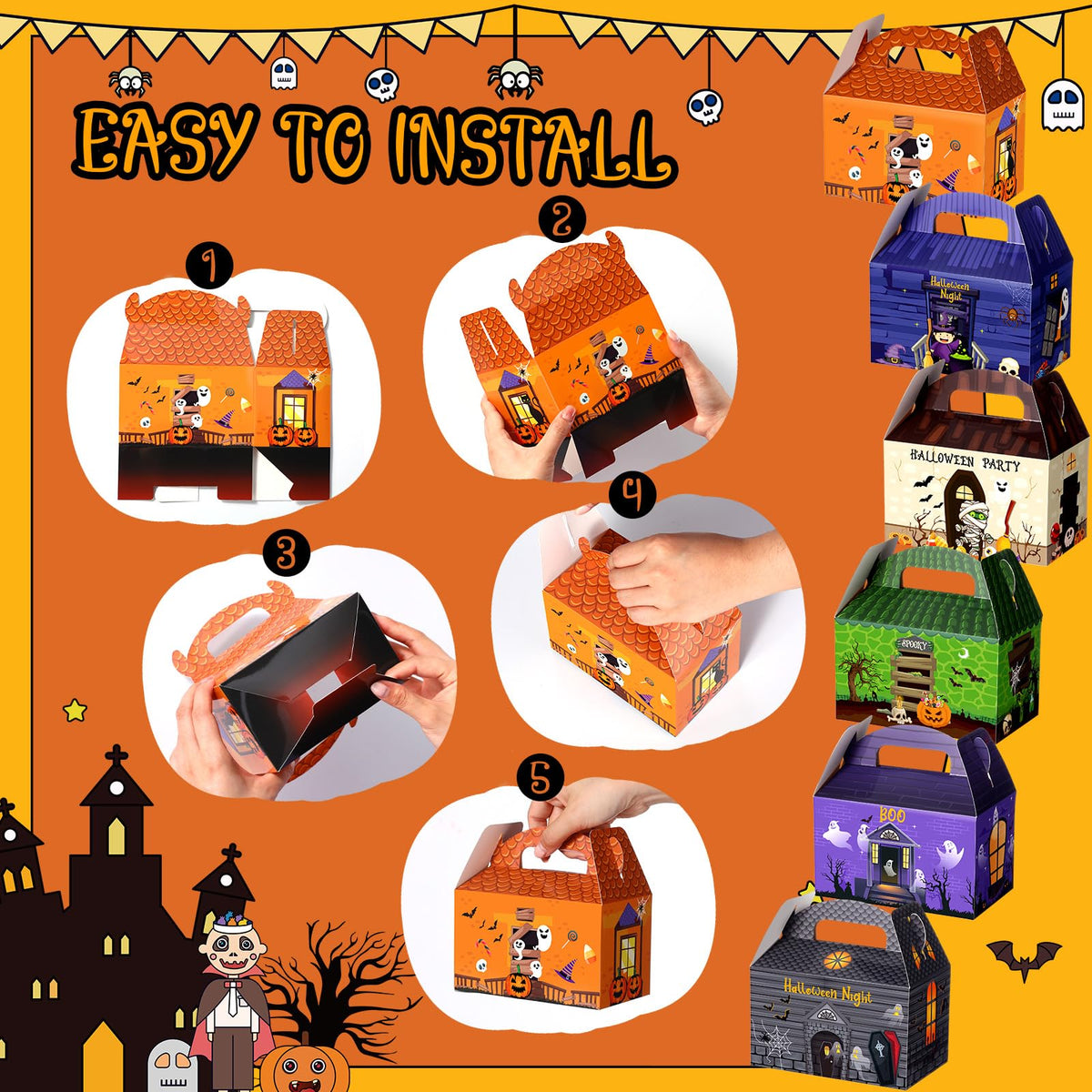 TaoBary 24 Pieces Halloween Candy Treat Box Set Halloween Goodie Boxes Favors Boxes for Birthday Treat Cookies Goodie Box Supplies(House Style)