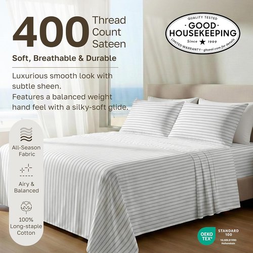 California Design Den Queen Size Bed Sheets Set - 100% Cotton, 400 TC, Smooth Sateen Finish, Deep Pockets - Pinstripe