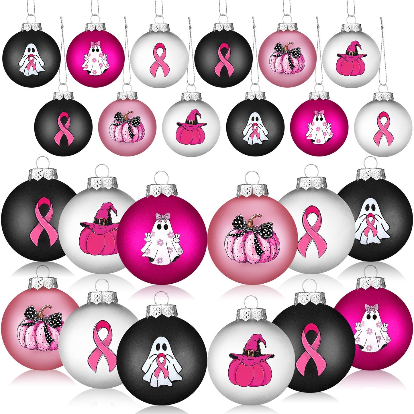 Arrowbash 12 Pcs Breast Cancer Halloween Ornaments 2.4 Inch Pink Ghost Ribbon Ball Decoration October Pink Pumpkin Bulb Ornaments Breast Cancer Awareness Halloween Decoration for Tree Home Party Decor