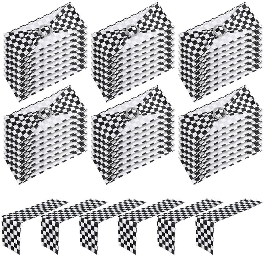 Newwiee 54 Pcs Stretch Chair Sashes with Table Runners, Classic Black and White Chair Bows Sashes Fringe Table Runner for Party Wedding Reception Banquet Decorations (Black and White Checkerboard)