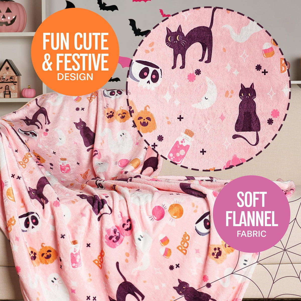 Pink Halloween Blanket - Cute & Stylish for Summerween - Pink Ghost Blanket - Halloween Decor for Bedroom - Soft and Plush - 50 x 60