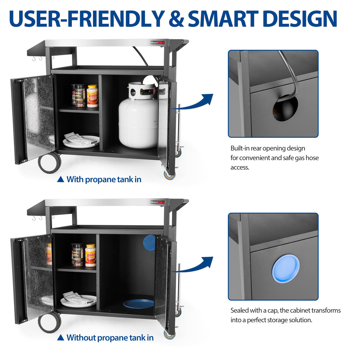 OuterMust Grill Table Outdoor Kitchen Cabinet, Moveable Outdoor Prep Table & Bar for Storage, Grilling and Pizza Oven, Multifunctional Silver & Black