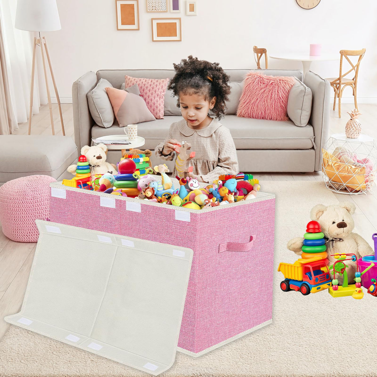 VERONLY Large Collapsible Toy Storage Box with Lid & Handles - Kids Organizer Chest for Toys, Clothes, Blankets (Pink, Nursery, Playroom, Bedroom)-24.5''×13''×16''