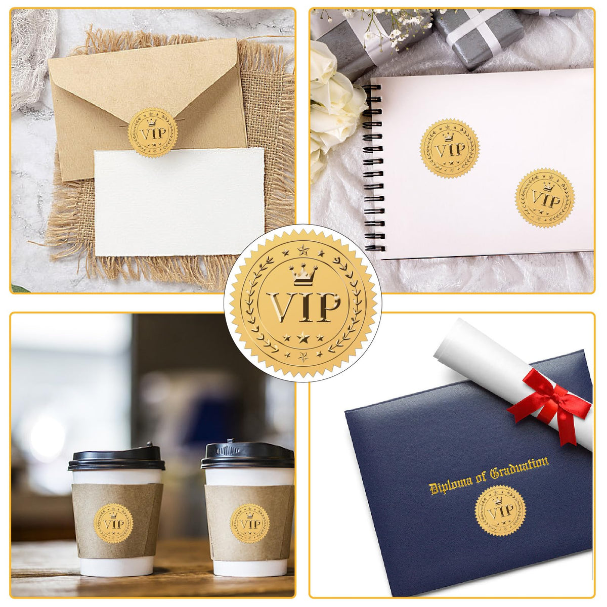 CRASPIRE VIP Stickers 100Pcs 2" Crown Envelope Seals Stickers Gold Foil Stickers Vintage VIP Envelope Stickers with Serrated Edge Embossed Envelope Seals for Envelopes Diplomas Wedding Supplies DIY