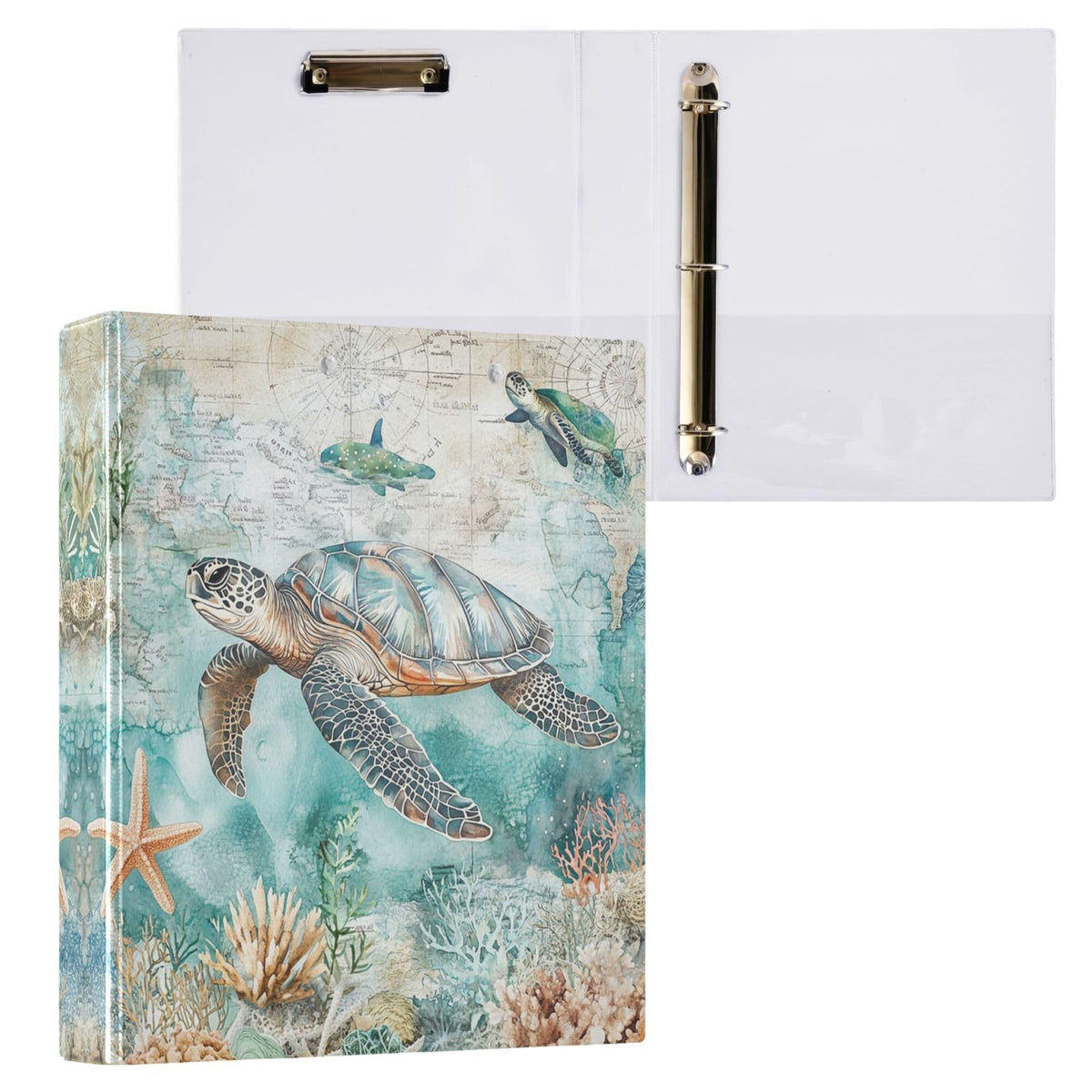Sea Turtle Shell Starfish Coral Round Ring Binders 1.5 Inch Whale Nautical Ocean Theme 3 Ring Clipboard Binder for Office School Work Supplies File Folder 200 Sheet Capacity