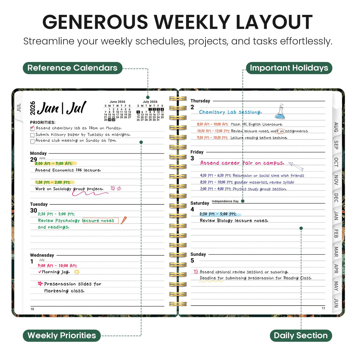 Planner 2026-2027, Academic Year Weekly and Monthly Calender Planner, from Jul 2026 - Jun 2027, Spiral Bound School Planning Book, Perfect for Teacher, Student, Women & Men, A4 (8.5" x 11"), Enchanted Grove