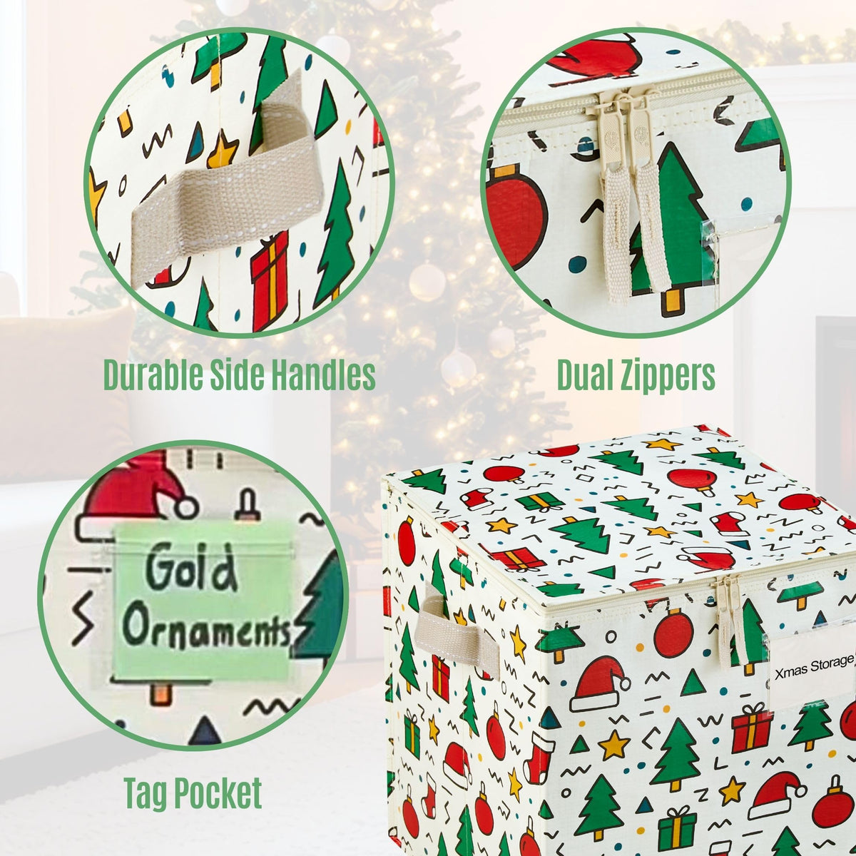 VENO 2 Pack Christmas Ornament Storage Box, Holiday Ornament Organizer with Adjustable Dividers, Sturdy Storage Containers for 64 Ornaments, Zippered Lid & Handles, 3" Cube (Jingle Mix)
