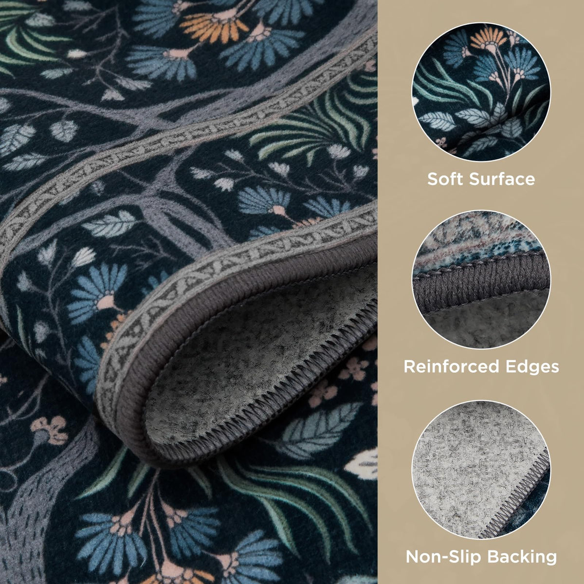 Joydeco Machine Washable Area Rugs 5x7, Boho Floral Rug for Bedroom Non Slip, Soft Forest Botanical Low-Pile Floor Indoor Throw Carpet for Living Dining Room Dorm Office, Black