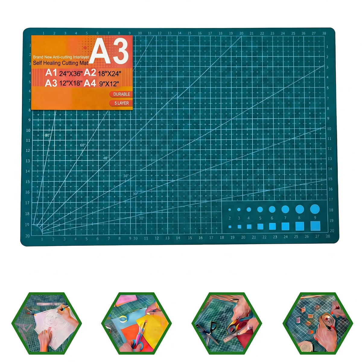 THMINS Self-Healing Sewing Mat, 12"18", 5-Ply Double-Sided Rotating Cutting Mat for Precision Sewing, Fabric Cutting, Crafts and Scrapbooking, A3, Green