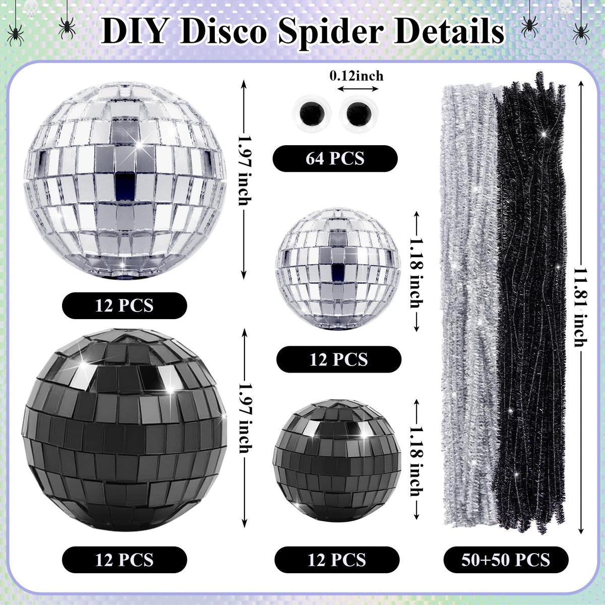 24 Pcs Halloween Disco Spiders Halloween Disco Decor DIY Disco Spiders Making Kit for Halloween Party Decor Glitter Disco Ball with Sparkle Pipe Wiggle Googly Eyes for Halloween DIY Spiders (Spider Shape)