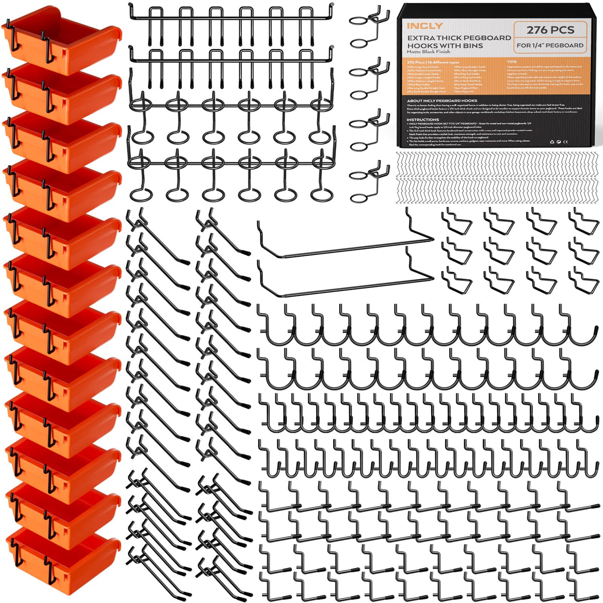INCLY 276PCS Extra Thick Pegboard Accessories Organizer Kit for 1/4 Inch Pegboard, Heavy Duty Black Peg Board Hook Assortment with Bins, Paper Towel Holder for Hanging Storage, Garage Wall Attachments