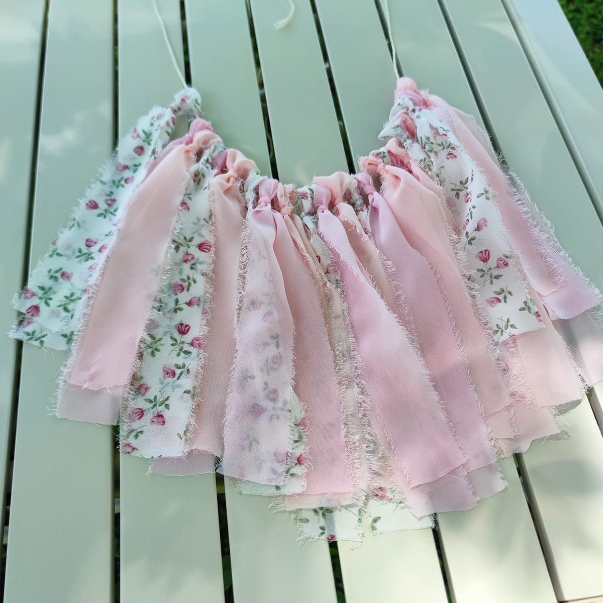 Mybbshower Pink Floral Tsaasel Garland for Wedding Spring Tea Party Haning Chiffon Tassel Banner Table Decor
