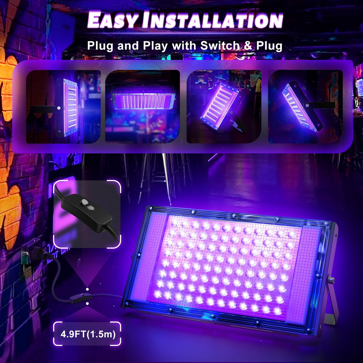 100W LED Black Light, Powerful UV Spotlight, IP66, 395nm UV Lamp for Christmas, Halloween Glow Party (1 Pack)