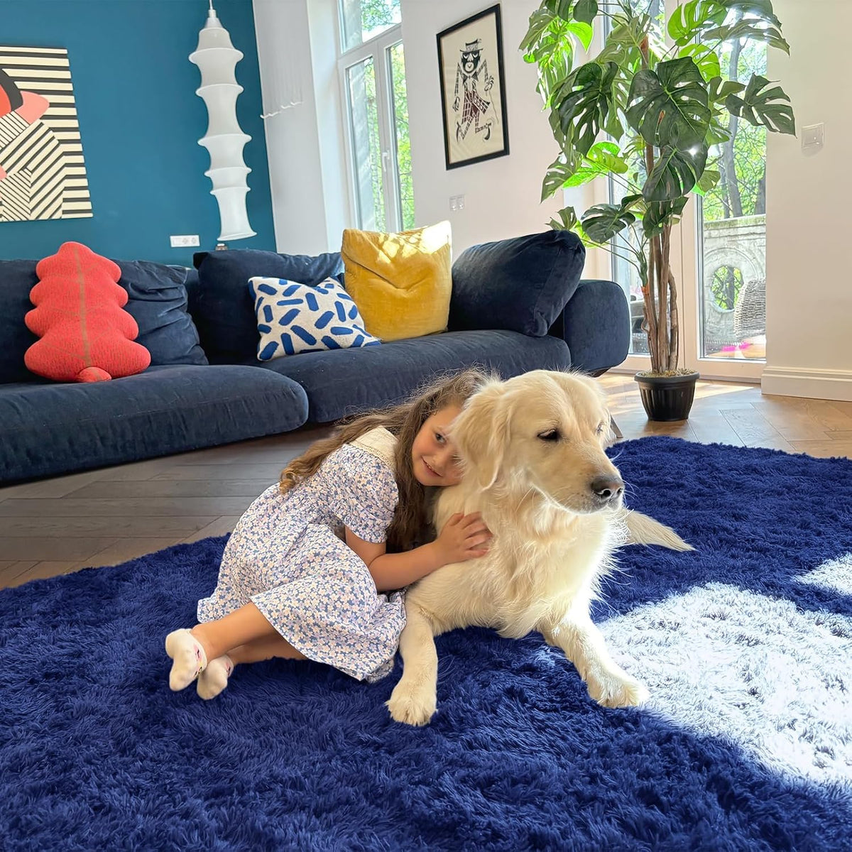 OLANLY Large Area Rug - Soft Fluffy Shaggy Carpet for Living Room & Bedroom | Navy Blue 6x8 ft