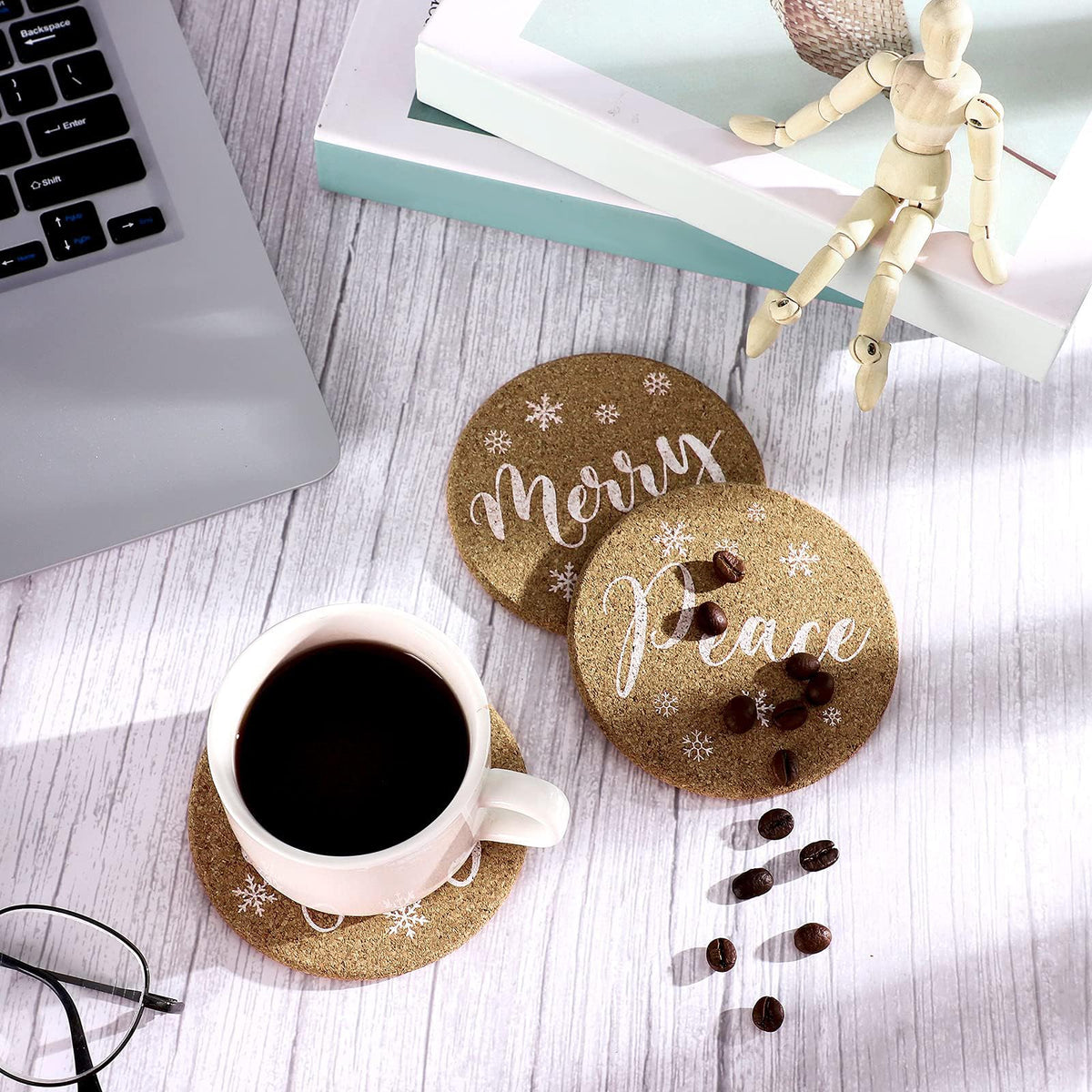 Patelai 6 Pieces Christmas Coasters Christmas Cork Coaster 4 Inch Round Shaped Farmhouse Coasters Heat-resistant Cup Mat Peace Joy Noel Printed Coasters for Drink, Cup, Mugs Living Bedroom Party Decor