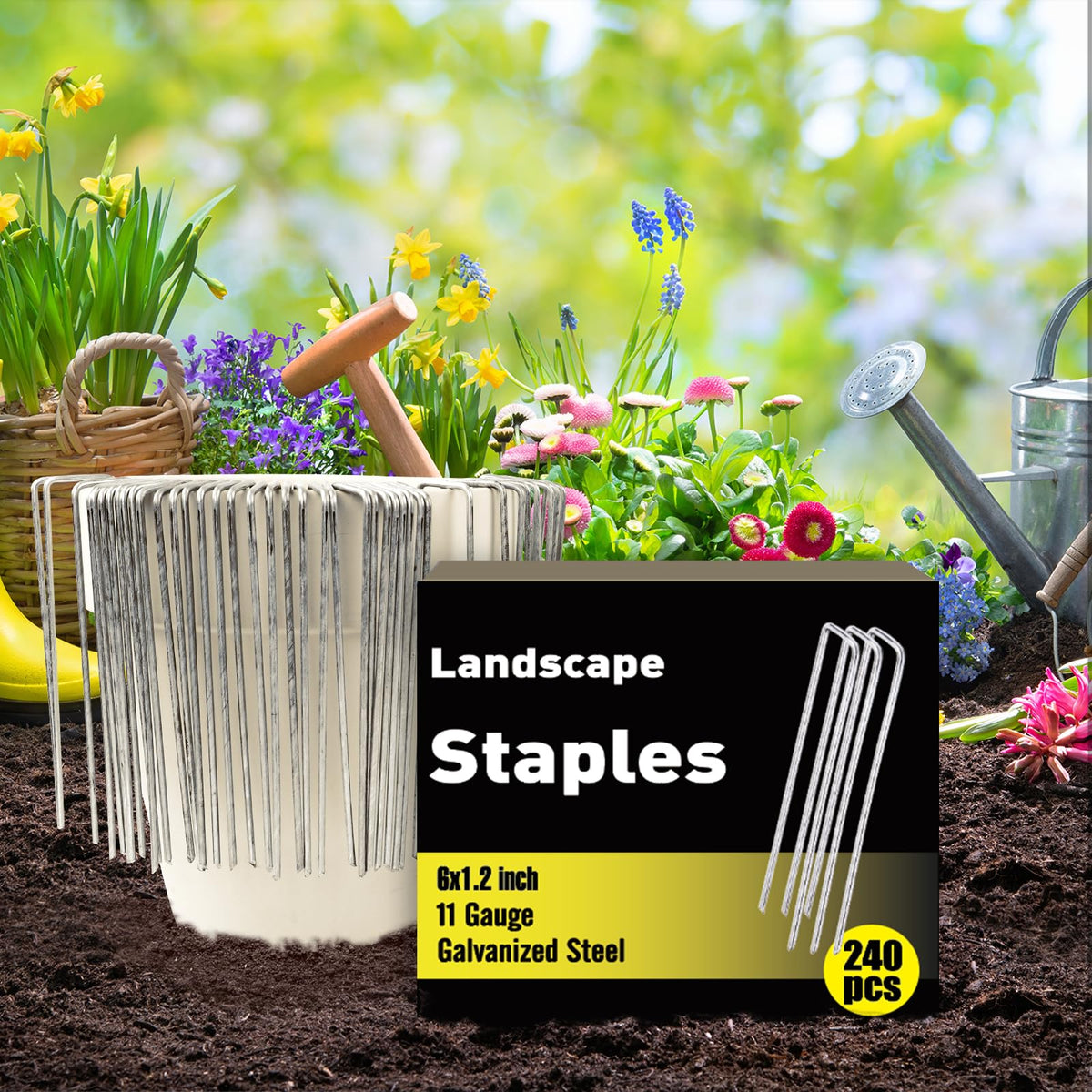 HongWay 240 Pack 6 Inch Landscape Staples, Garden Stakes Galvanized Tent Stakes Heavy Duty 11 Gauge SOD Landscaping Fabric Pins Yard Ground Lawn Staples for Plant Cover, Turf, Fence, Grass Decoration