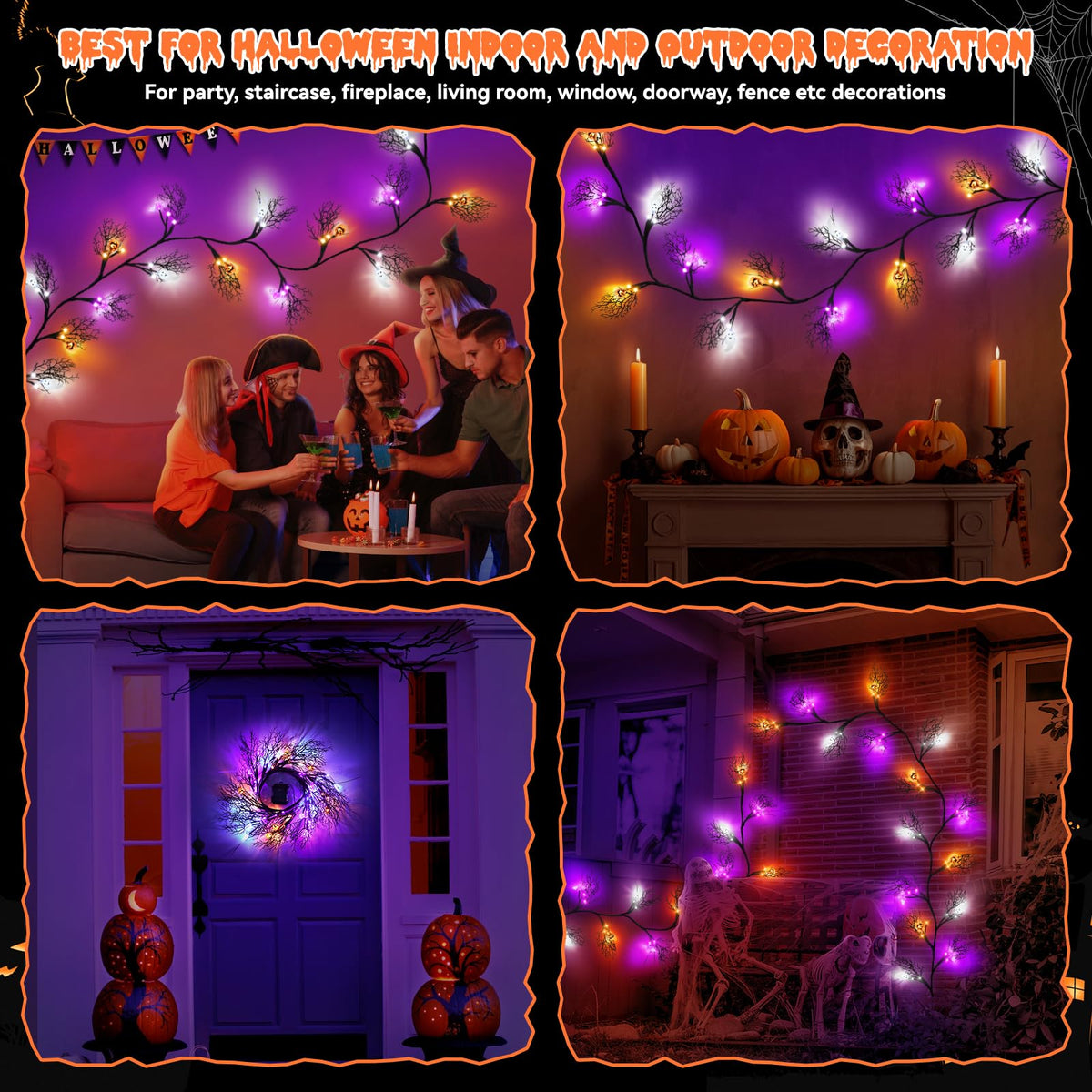 6 FT 54 LED Halloween Lights, 8 Modes & Timer Battery Operated Halloween Pumpkins Bats Ghosts Lights with Willow Vine Twig, 3D Waterproof Decorations Lights for Indoor Wall Party Fireplace Mantle