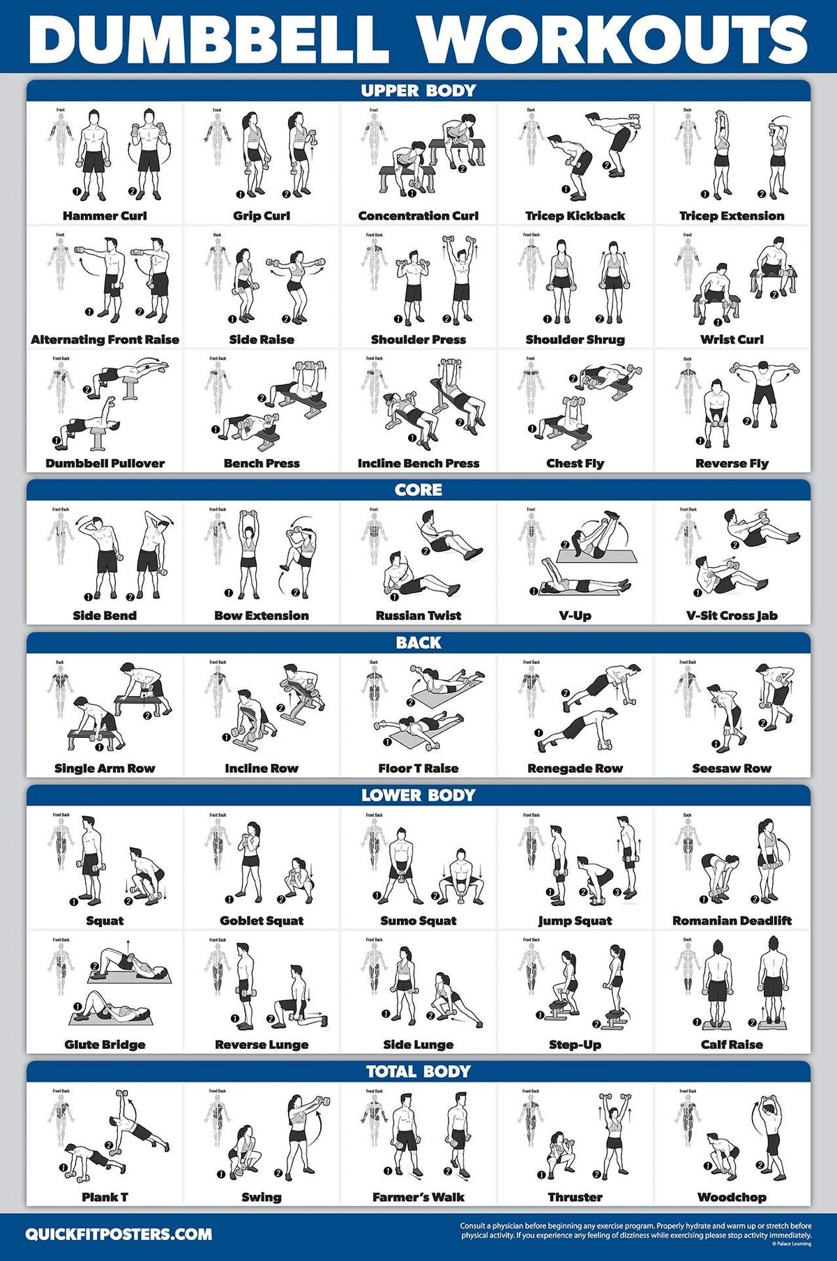 Palace Learning 4 Pack - Dumbbell Workouts + Bodyweight Exercises + Resistance Bands Workouts + Warm Up Exercises - Set of 4 Workout Charts (LAMINATED, 18” x 24”)
