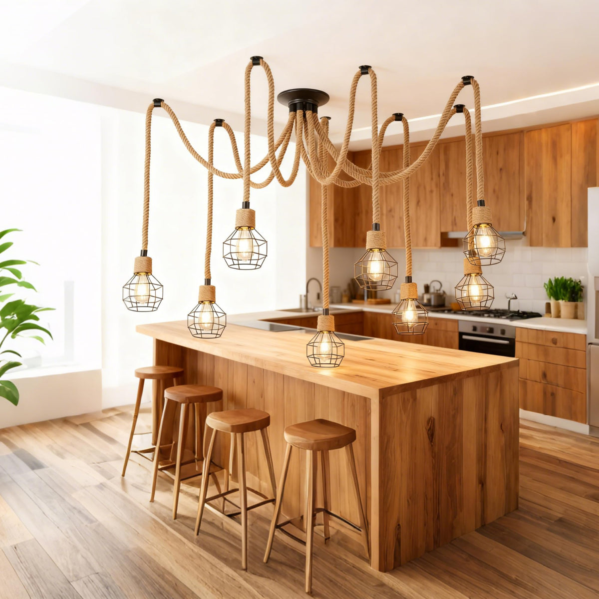 Hodevimall Spider Chandeliers, 8 Arms Industrial Spider Ceiling Light Fixture Hanging Hemp Rope DIY Adjustable 8-Light Steampunk Chandelier for Kitchen Island, Living Room, Entryway, Dining Room, Bar