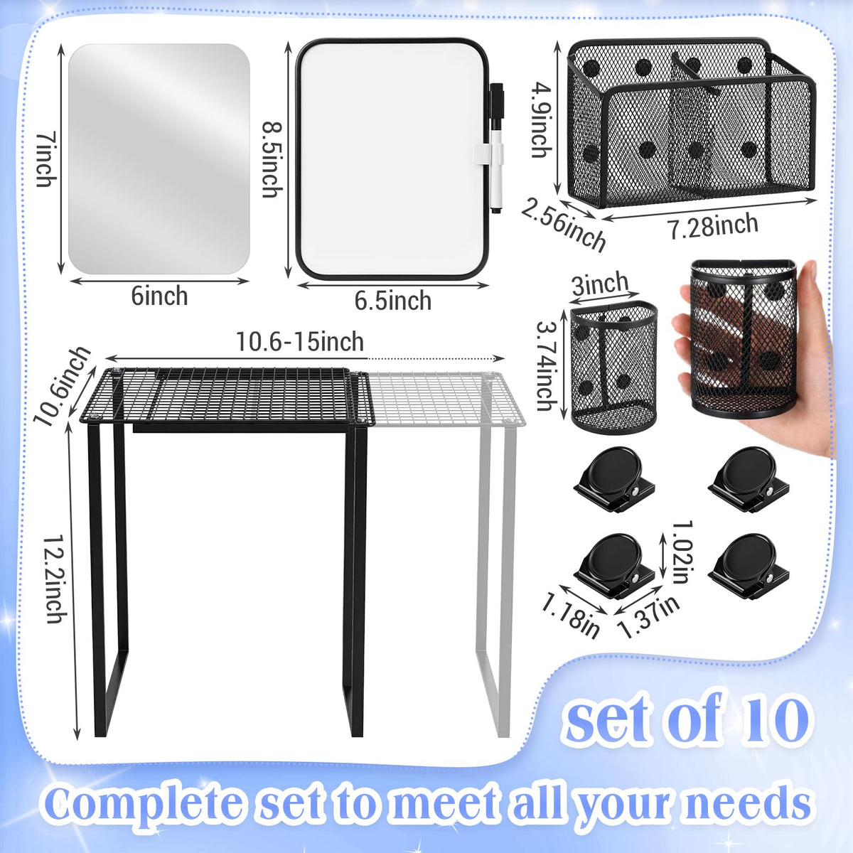 Colarr Adjustable Locker Shelf Organizer Set with Magnetic Accessories, Locker Shelf Adjustable 10.6–15 Inch with Magnetic Pen Holders Whiteboard Mirror Shelves for Classroom School Lockers (Black)