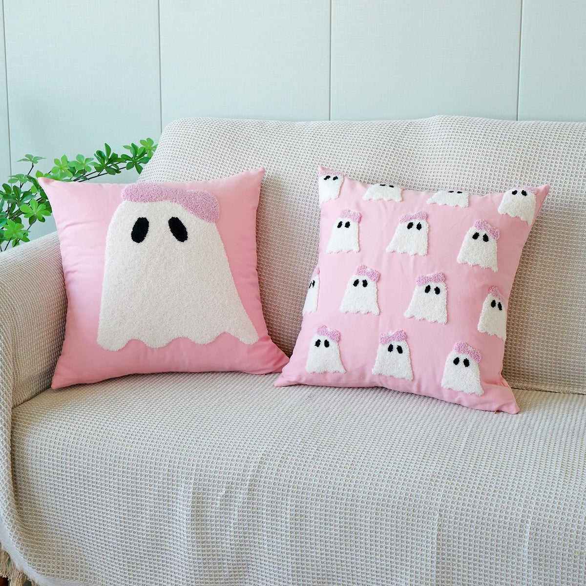 vctops Halloween Pillow Covers, Halloween Decorations Cute Ghost Spooky Tufted Throw Pillow Cases Soft Cotton Couch Cushion Case for Chair Sofa Bedroom Living Room Home Decor (Pink C,18"x18")
