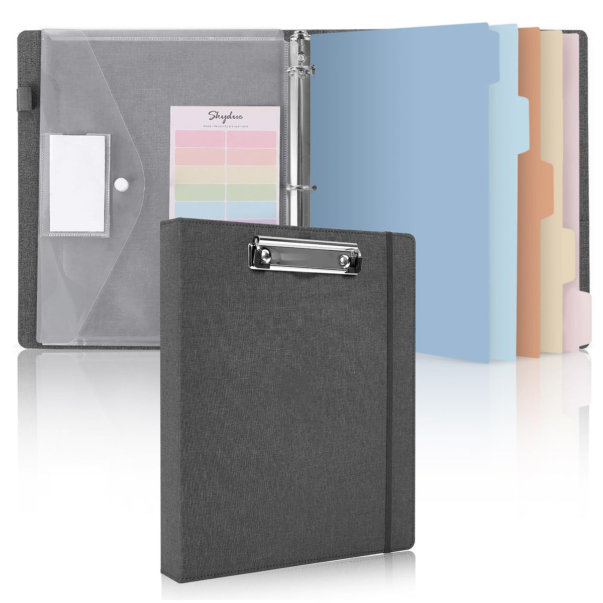 SKYDUE Clipboard Binder with Dividers,1 Inch 3 Ring Binder with Clipboard on Front for Organizer, Clipboard Folder with Pocket, Labels Office Supplies Gray