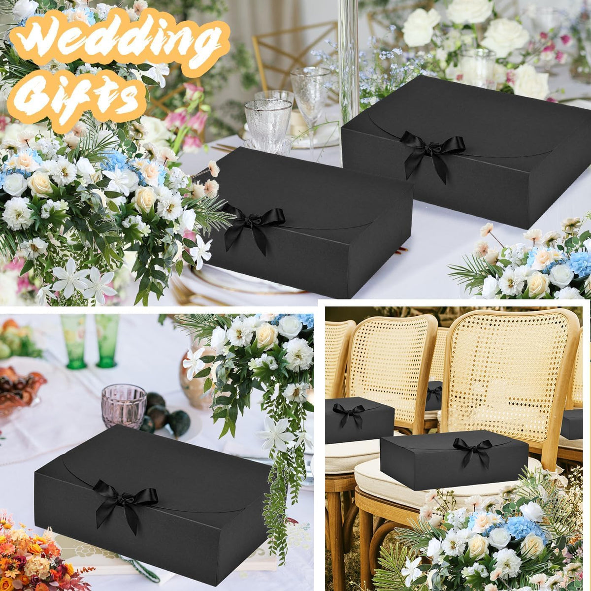 WLUSEAXI 15Pack Gift Boxes with Lids, 10.6x7.8x3.1 Inches Bridesmaid Proposal Boxes with Ribbon, Black Gift Boxes for Presents,Kraft Paper Boxes for Wedding Christmas Birthday Baby Shower Party