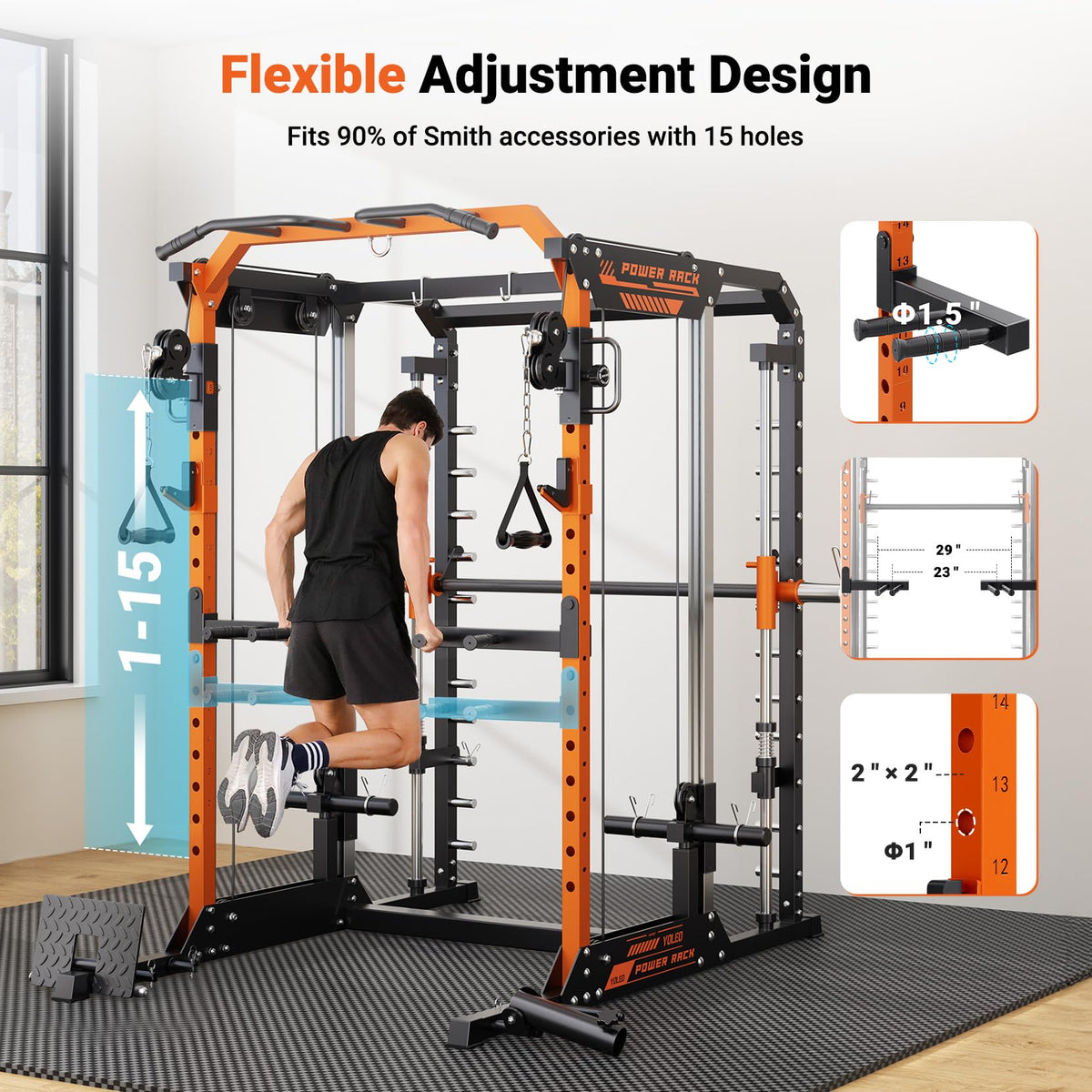 YOLEO Smith Machine with Independent Dual-Pulley System, 1800LBS Adjustable Cable Crossover Squat Rack, Multi-Functional Power Cage for Home Gym with More Workout Equipment LAT Pulldown Bar & Dip Bar