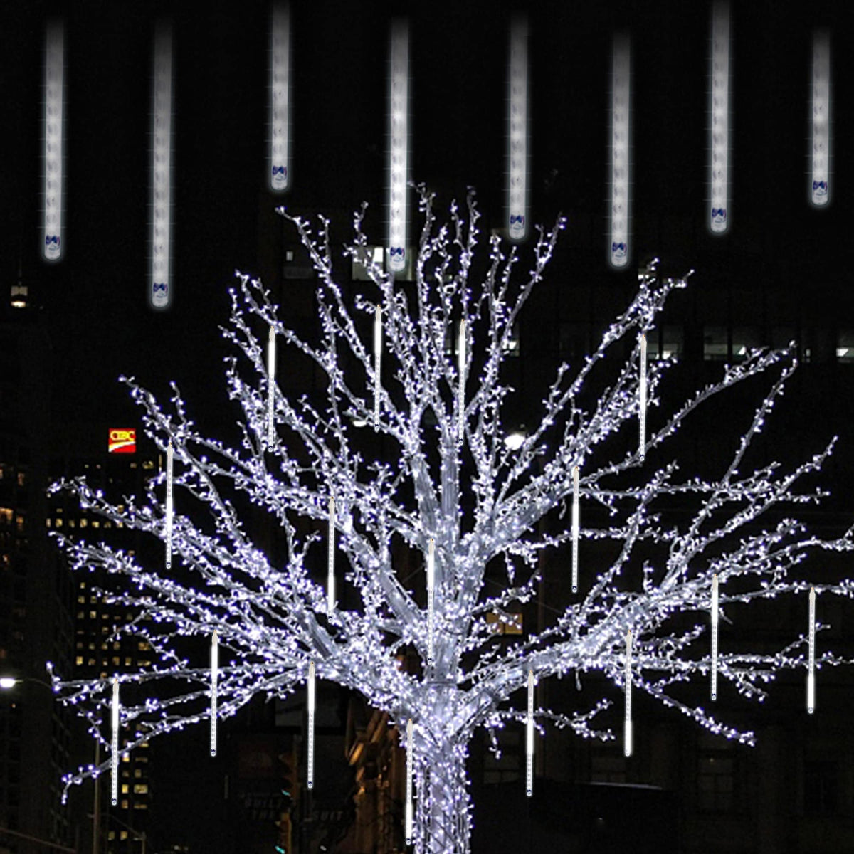 LJLNION Meteor Shower Lights, 12 Inch Outdoor Icicle Christmas Lights, 8 Tubes 288 LED Iciclelights Snow Falling Light, Connectable Raindrop Light, Xmas Wedding Party Tree Holiday Decor, White