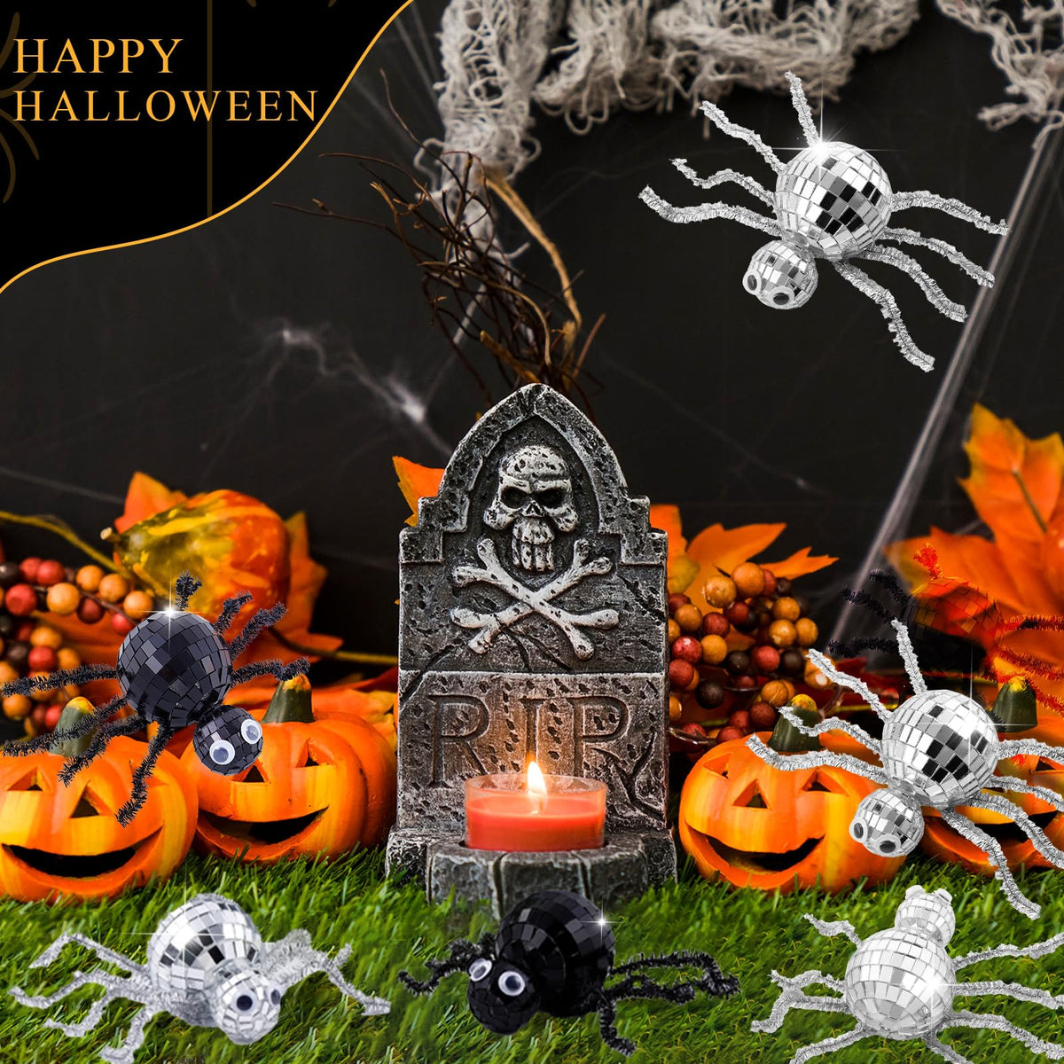 24 Pcs Halloween Disco Spiders Halloween Disco Decor DIY Disco Spiders Making Kit for Halloween Party Decor Glitter Disco Ball with Sparkle Pipe Wiggle Googly Eyes for Halloween DIY Spiders (Spider Shape)