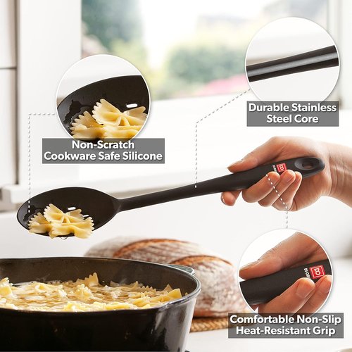 DI ORO Silicone Cooking Spoons - Heat-Resistant 600°F Non-Stick Utensils | Large Solid & Slotted (2pc, Black)