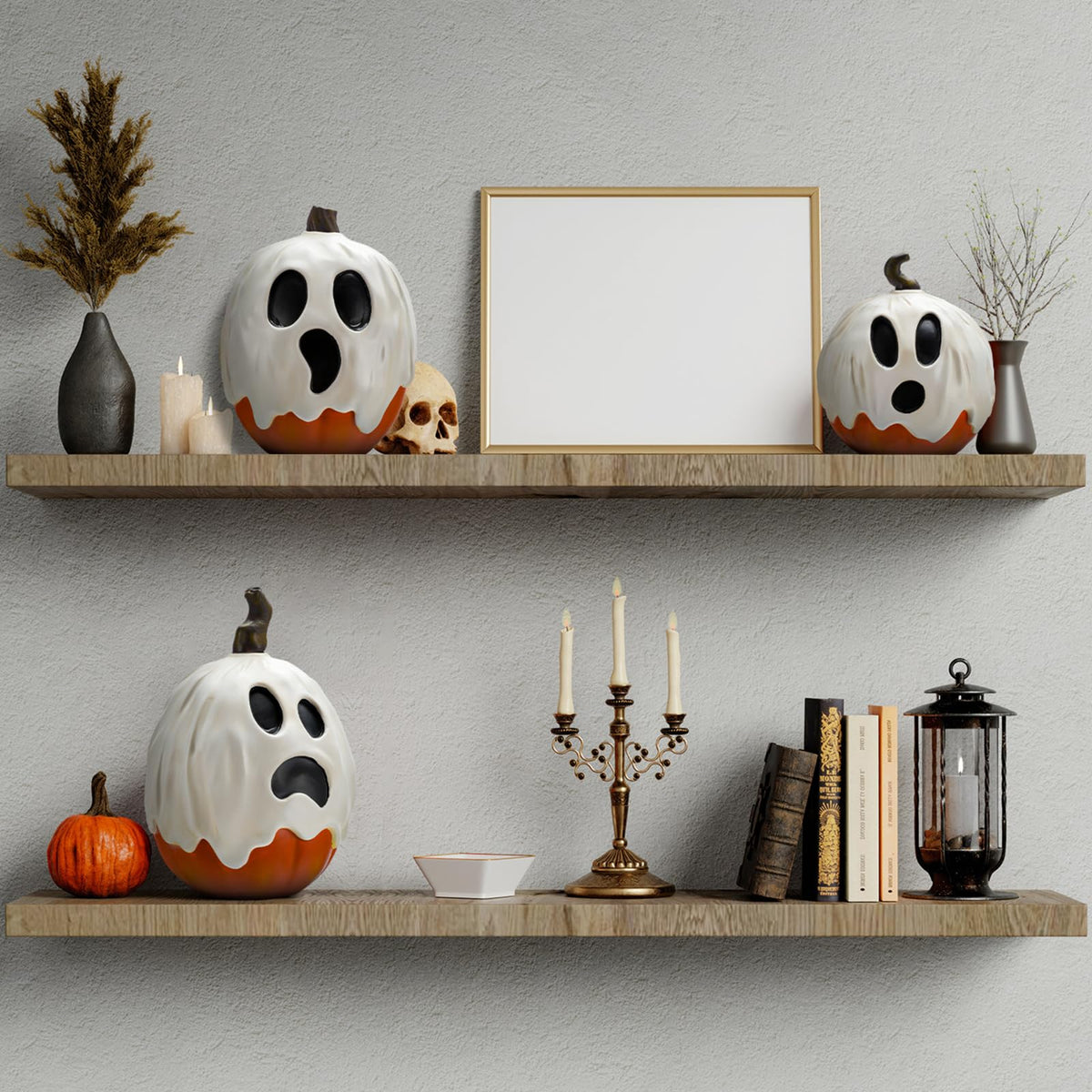 Halloscume 3 Pcs Halloween Ghost Pumpkins Figurines Table Decorations 5.91" 3.94" and 5.12" Resin Pumpkins Statue Tabletop Signs Halloween Decor for Party Shelf Mantel Centerpieces Indoor