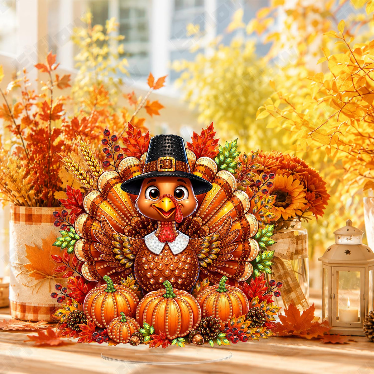 Eiflow Thanksgiving Diamond Art Tabletop Kit for Adults, DIY Desktop Fall Diamond Art Painting with Stand, Acrylic Stand Up Gem Painting Board Kit (Turkey)