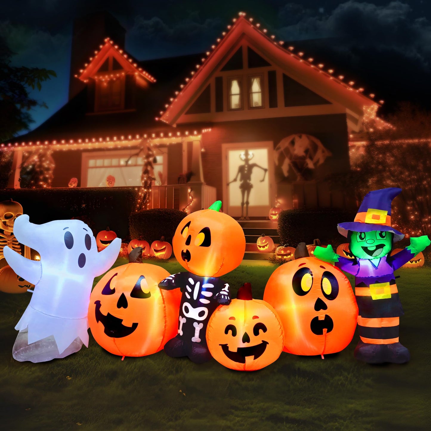 Joiedomi 8 ft Long Halloween Inflatable Three Characters and Pumpkin Patch Outdoor Decoration, Blow Up Inflatables Witch Ghost Skeleton Yard Decorations with LEDs for Party Yard Lawn Garden Decor