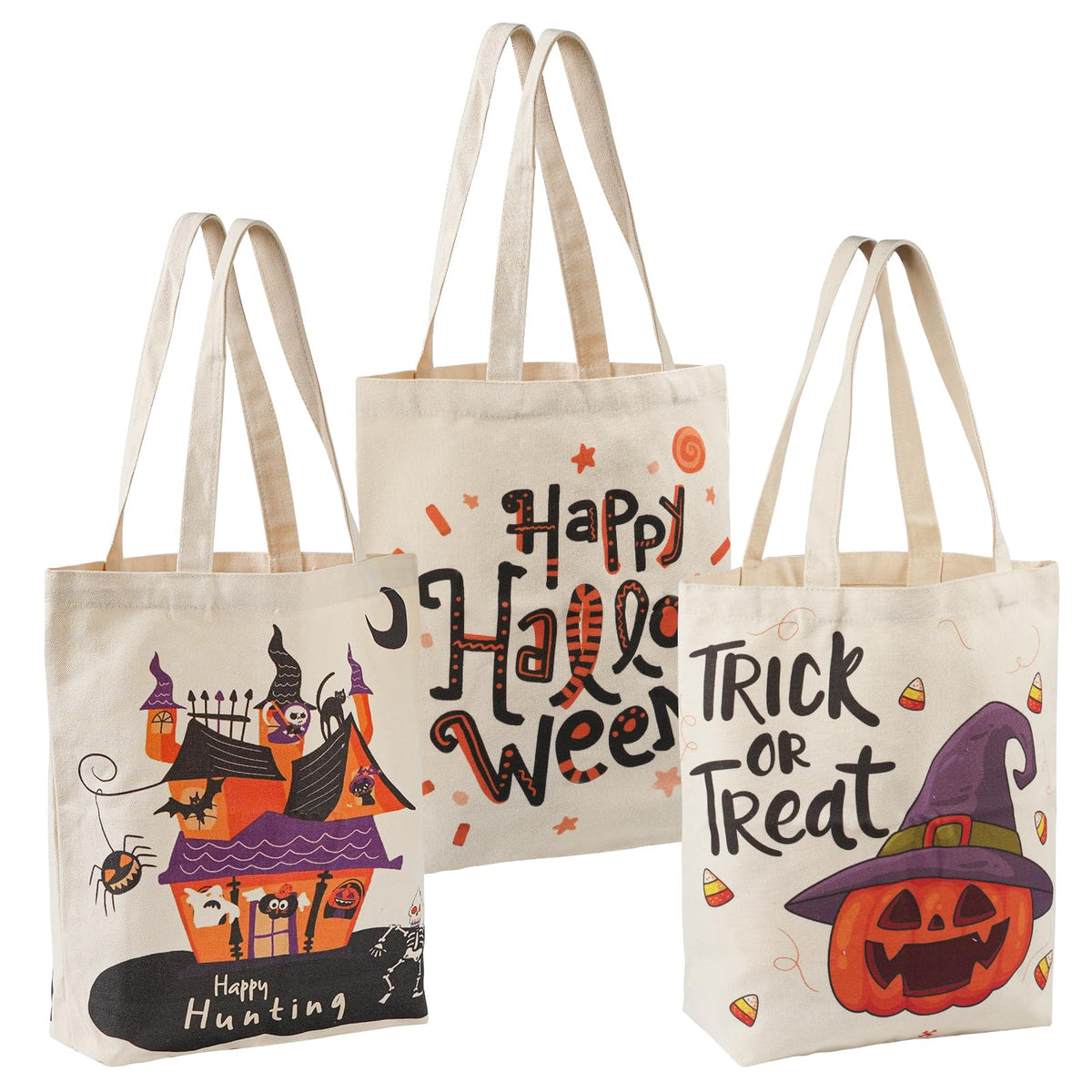 ATFUNSHOP 13.8" Large Halloween Tote Bag Trick or Treat 3 Pack Canvas Reusable Large Bucket with Handle for Kids