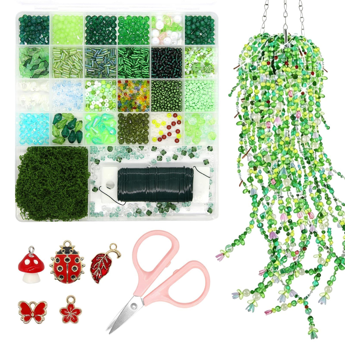 CYUXING 2746Pcs Beaded Plant Kit, Green Glass Beads for DIY Succulent Plants, Craft Beads Set with Ladybug Charm Floral Wire for Home Decor Jewelry Making, Artificial Greenery Supplies