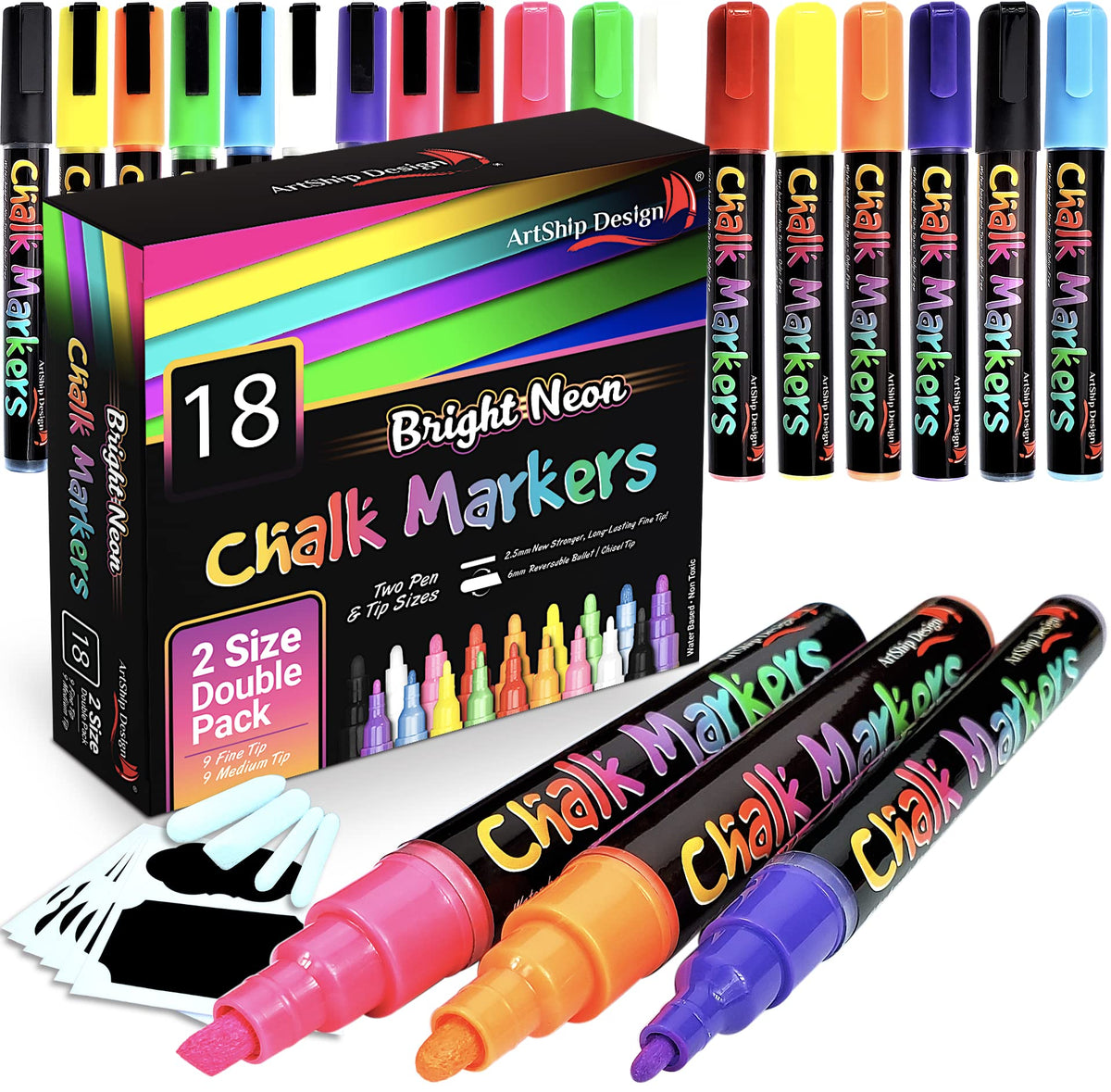 18 Neon Chalk Markers - Double Pack of Fine and Medium Tip Liquid Chalk Pens - Wet Erasable for Menu Boards, Glass, Windows, Whiteboards, Classrooms, Mirrors, Plastic
