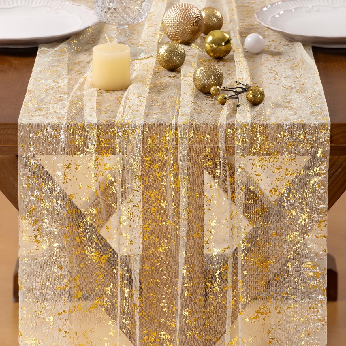 Socomi Gold Table Runner - Sheer Glitter Tulle for Weddings & Parties | 10FT Beige Centerpiece Decor