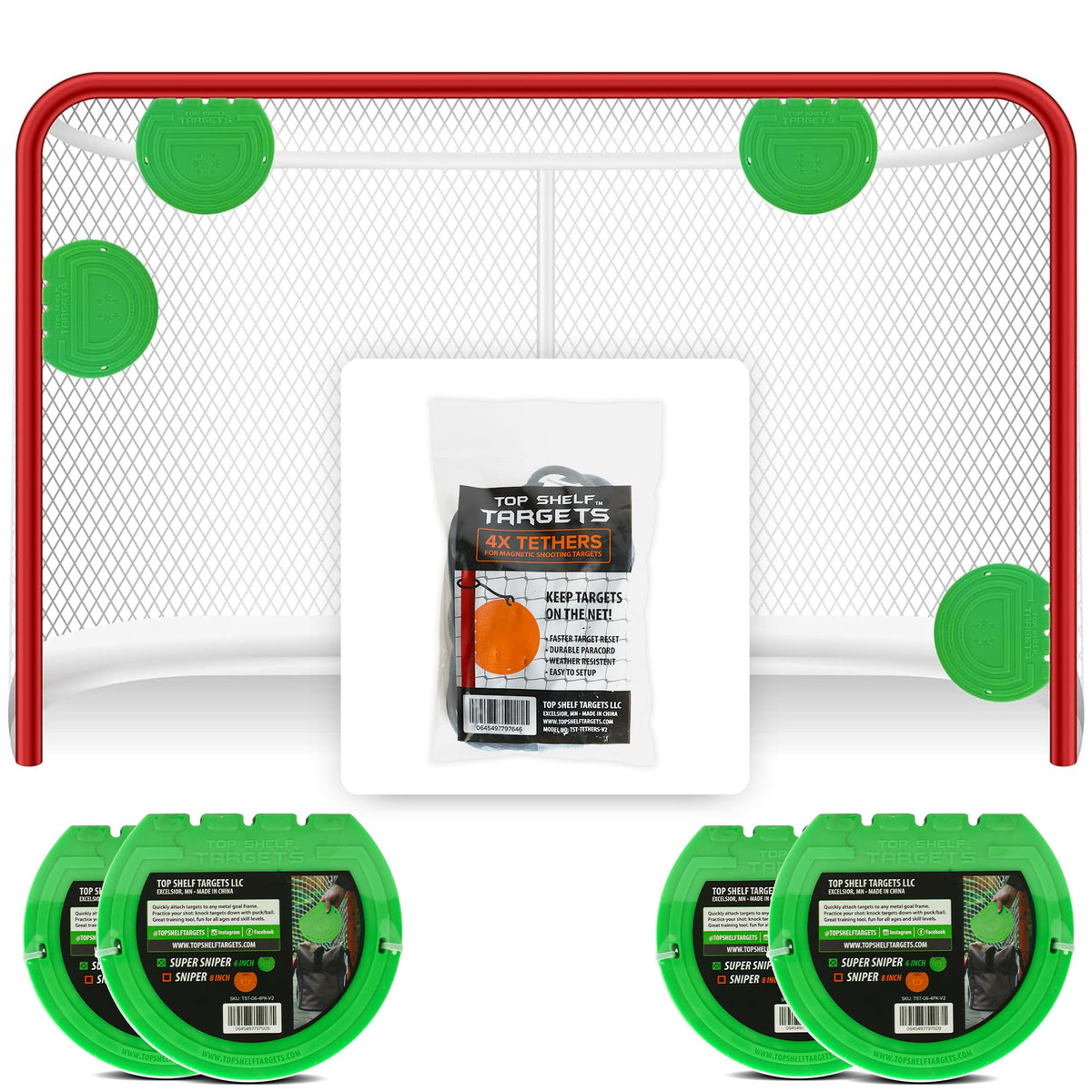 Top Shelf Targets Super Sniper 6" Magnetic Shooting Discs – 4-Pack Accuracy Trainers for Hockey & Lacrosse Nets – Includes Free Tethers – Durable Precision Markers for Practice