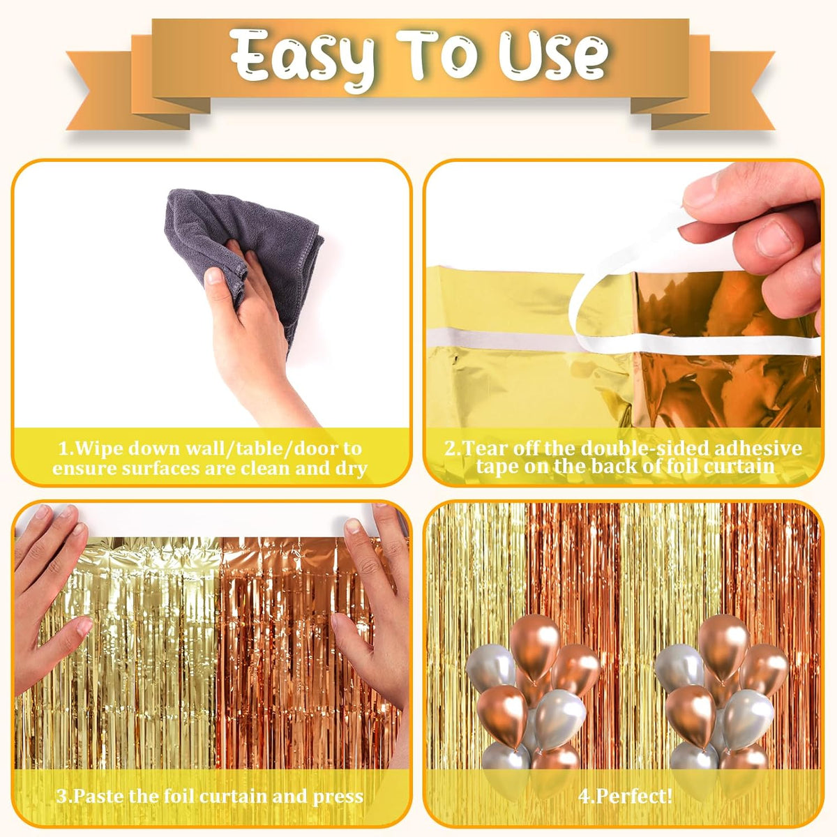 Voircoloria 3 Pack Foil Fringe Backdrop Curtains - 3.3 x 8.2 ft Rose & Champion Tinsel Streamers for Parties