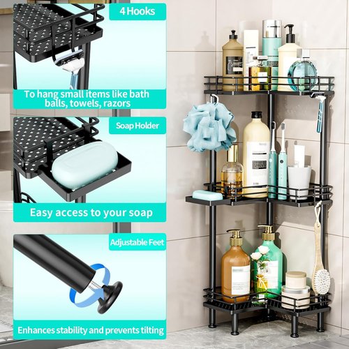 HapiRm Corner Shower Caddy - 3-Tier Rustproof Bathroom Organizer with Soap Holder & 4 Hooks | Black