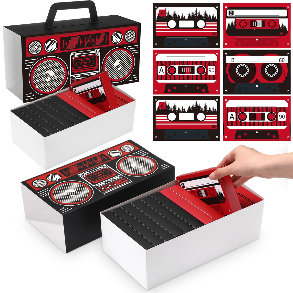 Gueevin 12 Pack Strange Birthday Party Supplies Cassette Tape Paper Gift Boxes for Candy Gift Packaging Strange Themed Birthday Party Decorations 80s 90s Retro Cartoon Treat Boxes