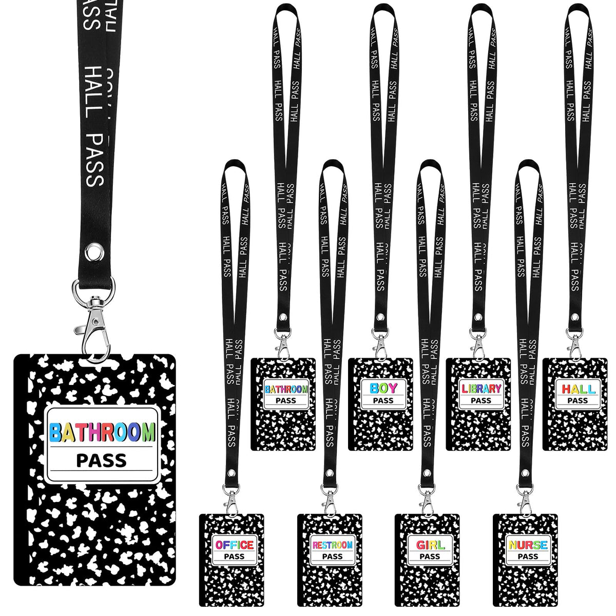 Fuyoooo 16 Set Composition Notebook Hall Pass Lanyards Unbreakable PVC Classroom Passes with Lanyards Bathroom Boy Girl Library Hall Office Nurse Pass for Elementary School Supplies