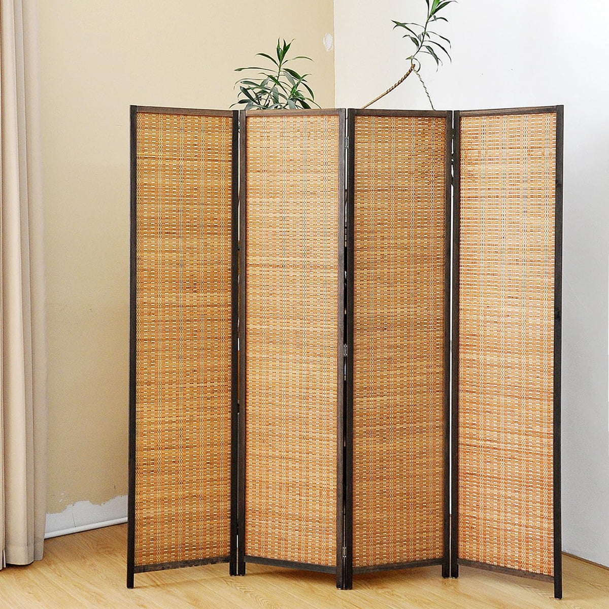 Pawlabay 4 Panel Bamboo Room Divider Screen,5.6 FT Tall Bamboo Divider Folding Panel Screen,Freestanding Panel Divider for Room Seperation,Brown