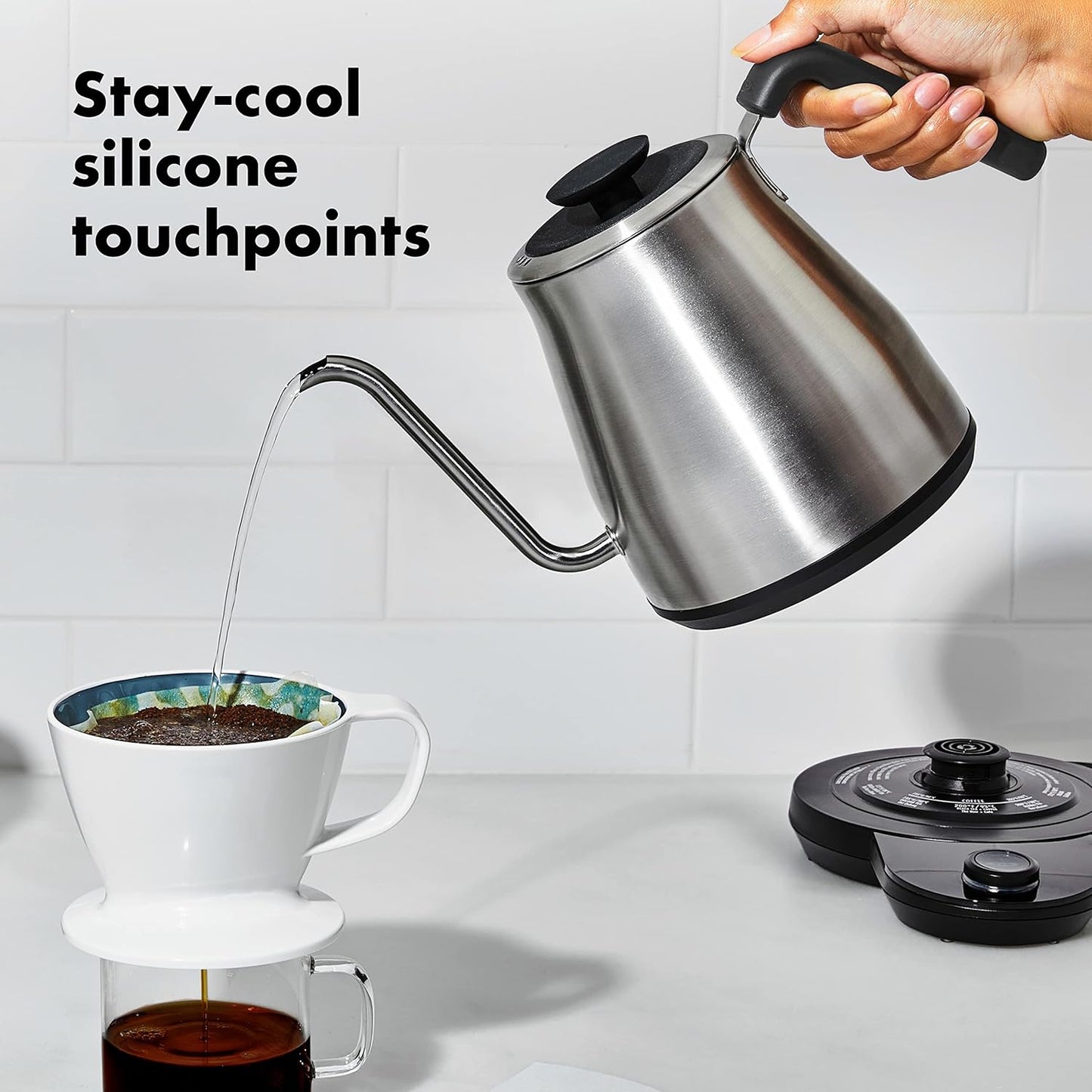 OXO Brew Gooseneck Electric Kettle - Adjustable Temperature Hot Water Kettle for Pour Over Coffee & Tea, 1L Stainless Steel