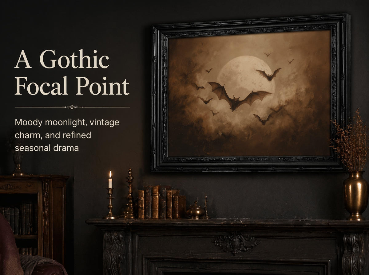 KKP Vintage Gothic Bats Full Moon Wall Art, Dark Academia Halloween Picture