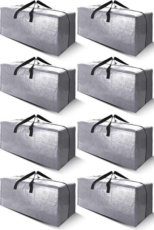 Cosy Family Extra Large Moving Bags - Heavy Duty Storage Totes with Backpack Straps & Zippers | Set of 8, Silver